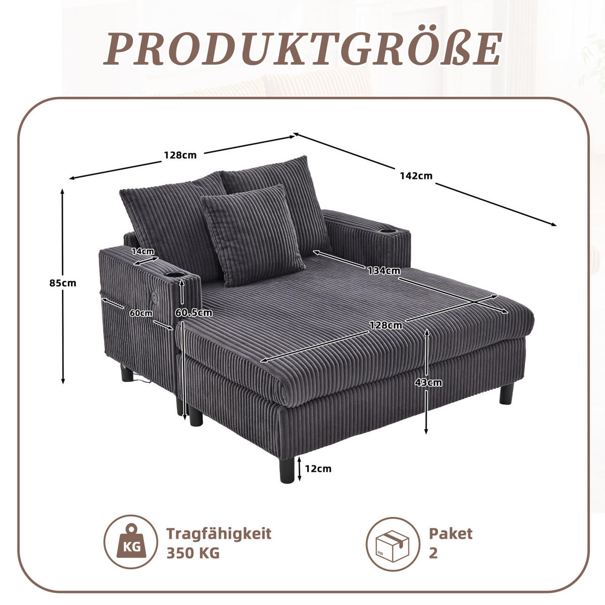 SCHLAFSOFA,SCHLAFCOUCH Grau, Cordbezug mit Beleuchtung&USB und Getränkehalter - Grau, Textil (142/85/128cm) - PARAFTA HOME