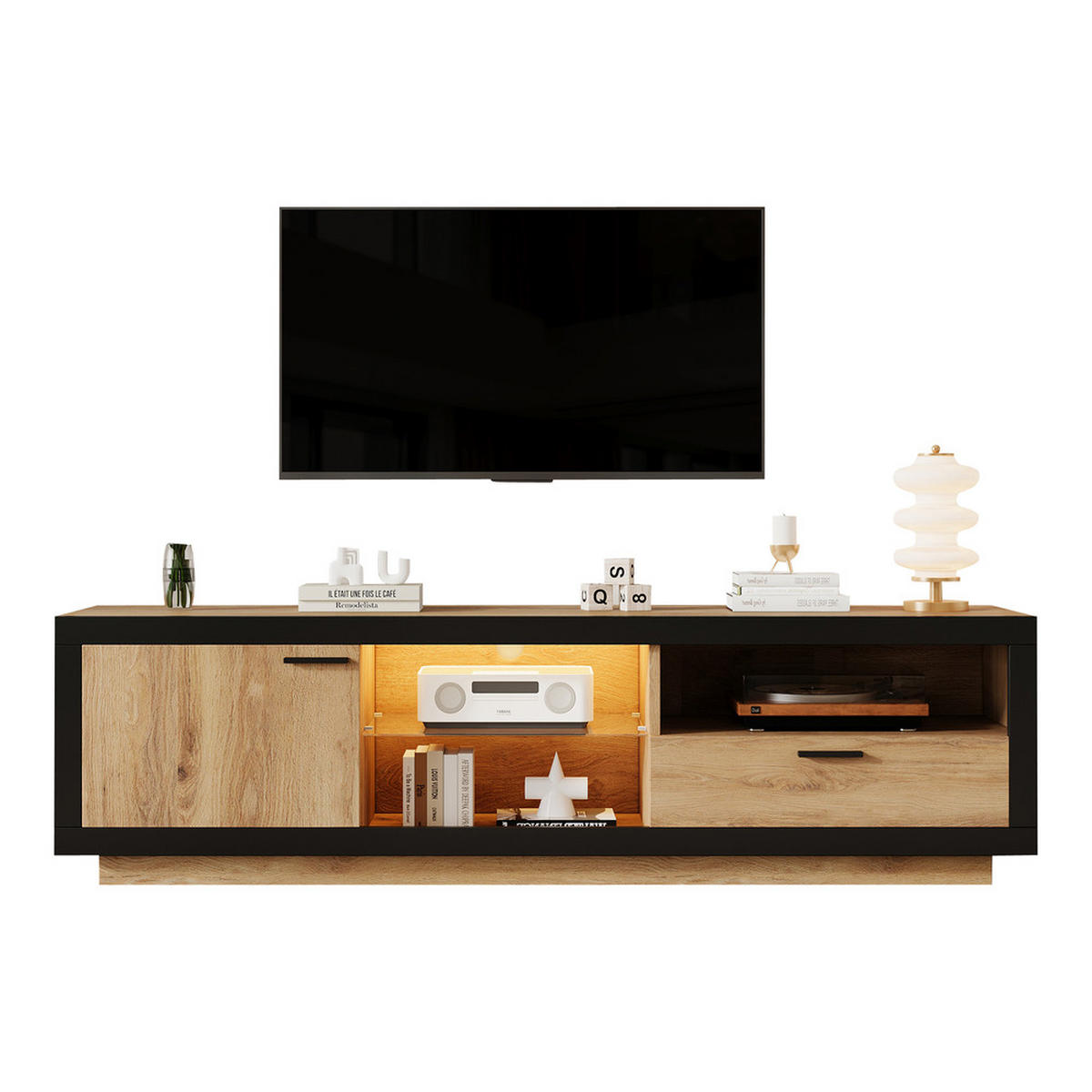 TV-SCHRANK Modern Lowboard LED-Beleuchtung Glasböden Schwarz-Eiche - Schwarz, Holz (50.8/14.61/74.3cm) - FLIEKS