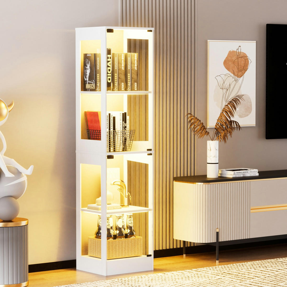 VITRINE 40/35/165 cm in Weiß mit Glastüren und LED-Beleuchtung - Weiß, Holzwerkstoff (40/165/35cm) - Flora Grace