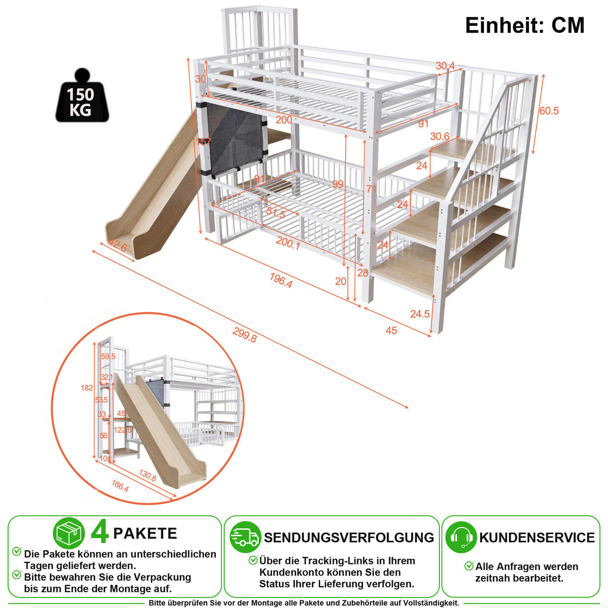 HOCHBETT 90/200 cm in Weiß mit Rutsche, Stauraumtreppe und Regalen - Weiß, Holzwerkstoff/Metall (90/200cm) - CHICFURN