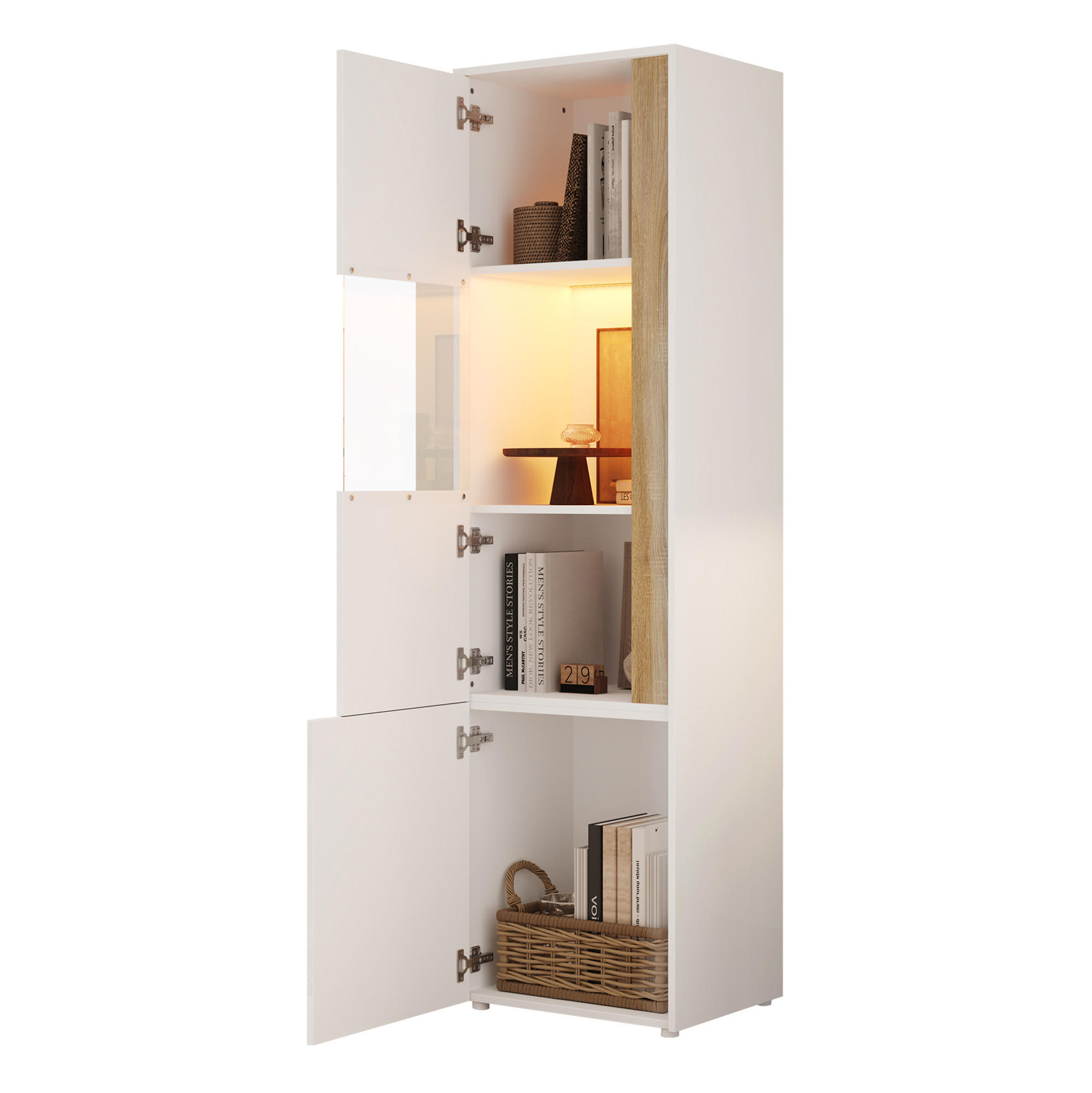 HIGHBOARD 50/179/40 cm Weiß/Natur aus Spanplatte mit LED-Beleuchtung - Naturfarben, Holzwerkstoff (40/179/50cm) - OKMYHOME