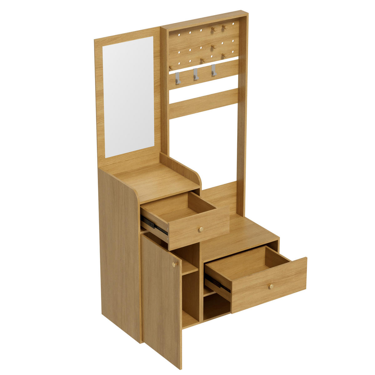 GARDEROBEN-SET 105 cm Holzoptik Natur – Kompaktgarderobe mit Spiegel, Schuhbank & flexiblem Hakenboard - Naturfarben, Holzwerkstoff (105/180/38cm) - Urban Meuble