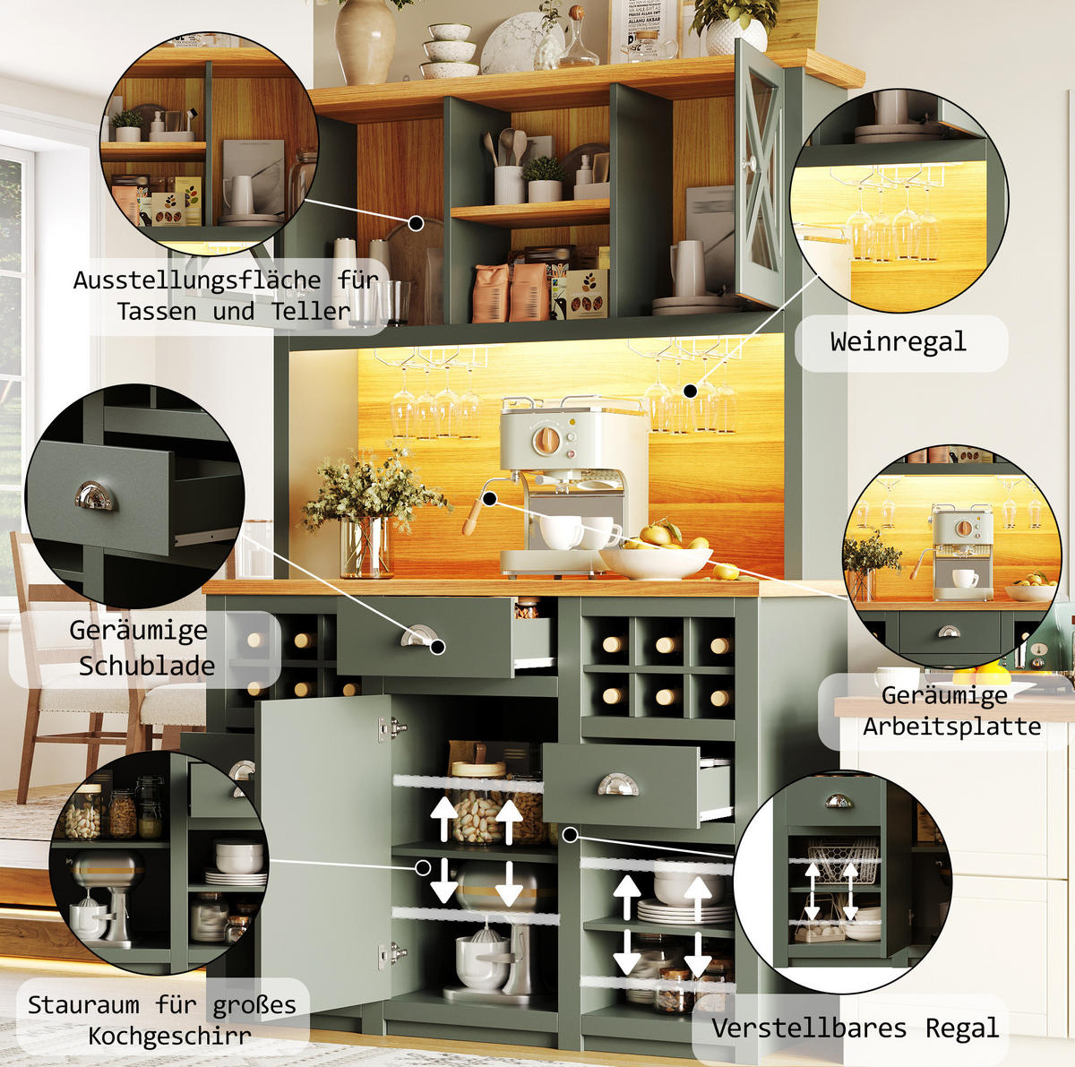 BUFFET 120/45/188 cm antikgrün aus MDF und Glas mit LED - Dunkelgrün, Holzwerkstoff (120/188/45cm) - OKWISH
