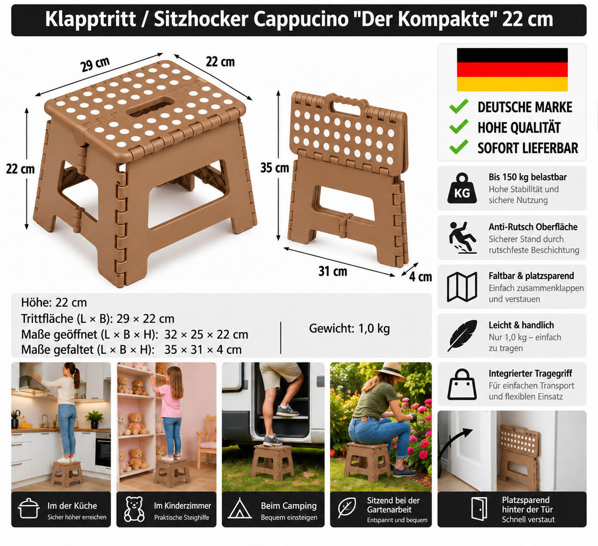 KLAPPHOCKER, Klapptritt 22 cm für Kinder faltbar bis 150 kg Cappucino - Braun, Paraffin (25/22/32cm)
