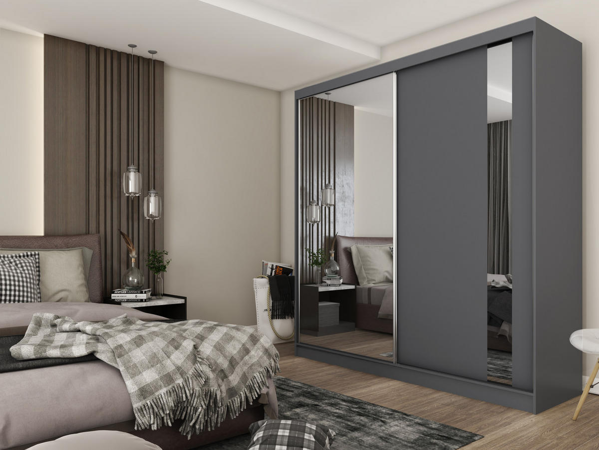SCHWEBETÜRENSCHRANK GRAZIA 200/216/61 cm 2-türig mit Spiegel Grau - Grau, Holzwerkstoff (200/216/61cm) - MASSENO
