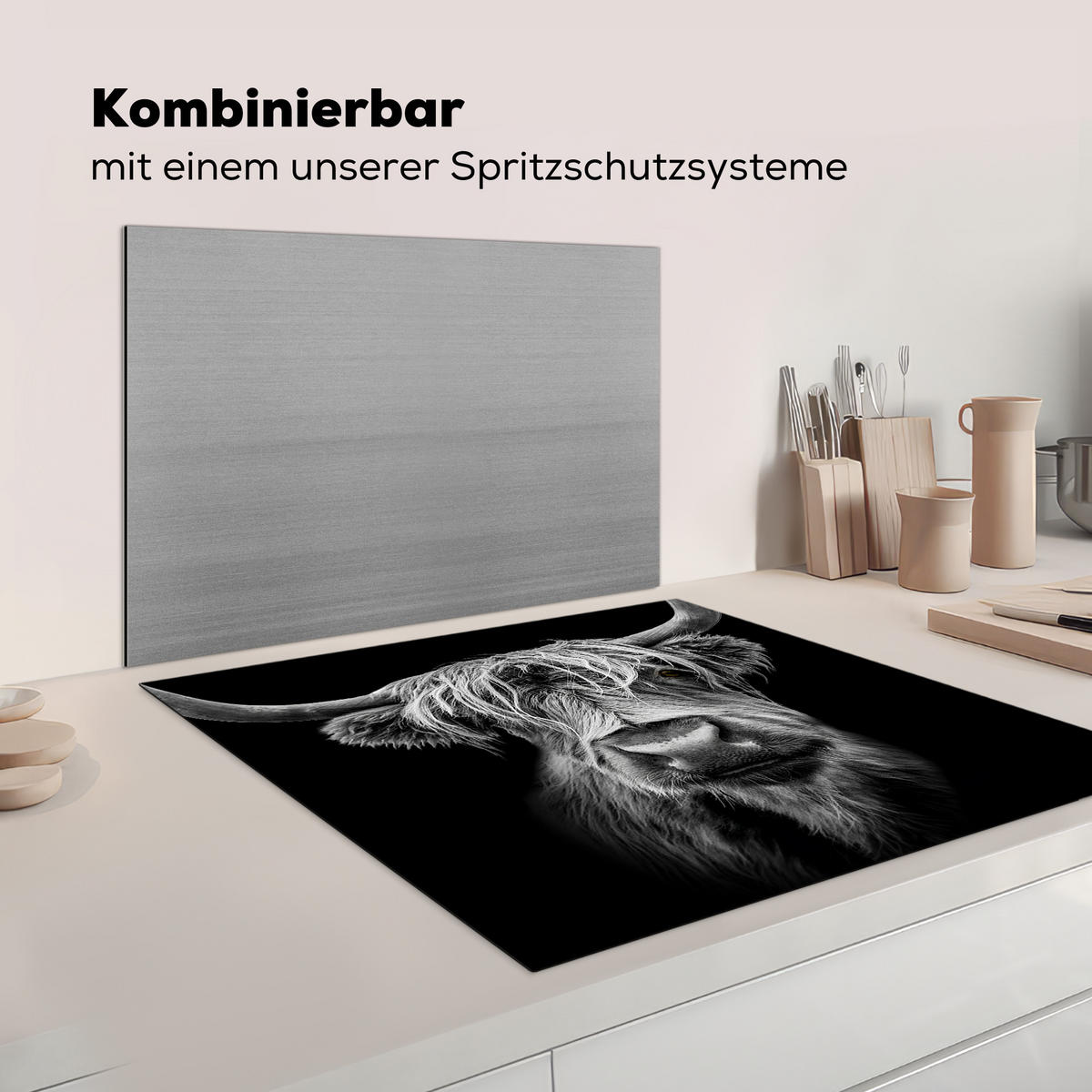 HERDABDECKPLATTE Schottischer Highlander - Hörner - Schwarz - Weiß - Kuh - Wild - Tiere Induktionsmatte 78x78 cm - Schwarz, Kunststoff (78/78/0.2cm) - MuchoWow