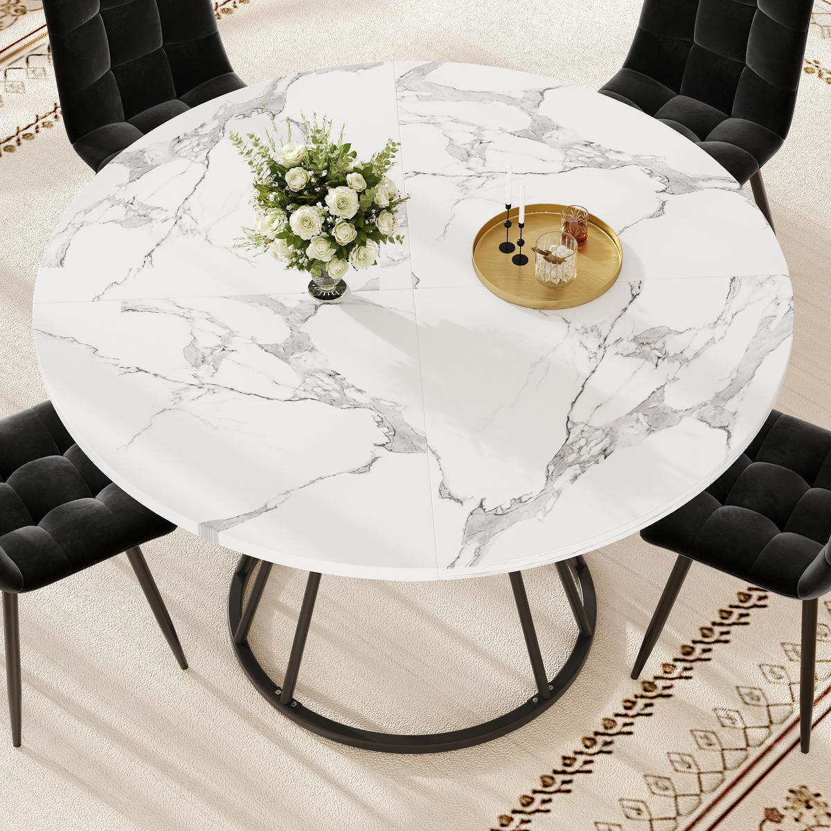 ESSTISCH rund mit Metallbeinen – Küchentisch in Marmoroptik Gold/Schwarz, moderner Frühstückstisch - Schwarz, Holzwerkstoff (100/100/76cm) - Ej. Life