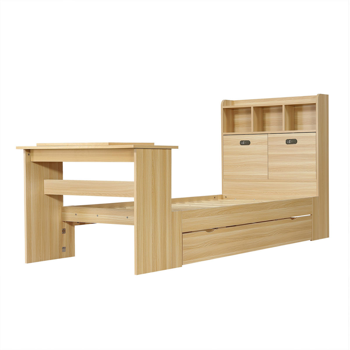 JUGENDBETT 90/200 cm in Natur mit Schublade, Regal und Klapptisch Holzdekor - Naturfarben, Holz/Holzwerkstoff (90/200cm) - CHICFURN