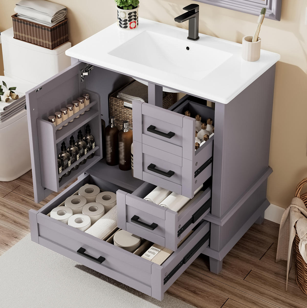WASCHTISCHKOMBI 76/46/83,5 cm Grau aus Keramik und MDF mit integriertem Keramikwaschbecken - Grau, Holzwerkstoff (76/83.5/46cm) - OKMYHOME