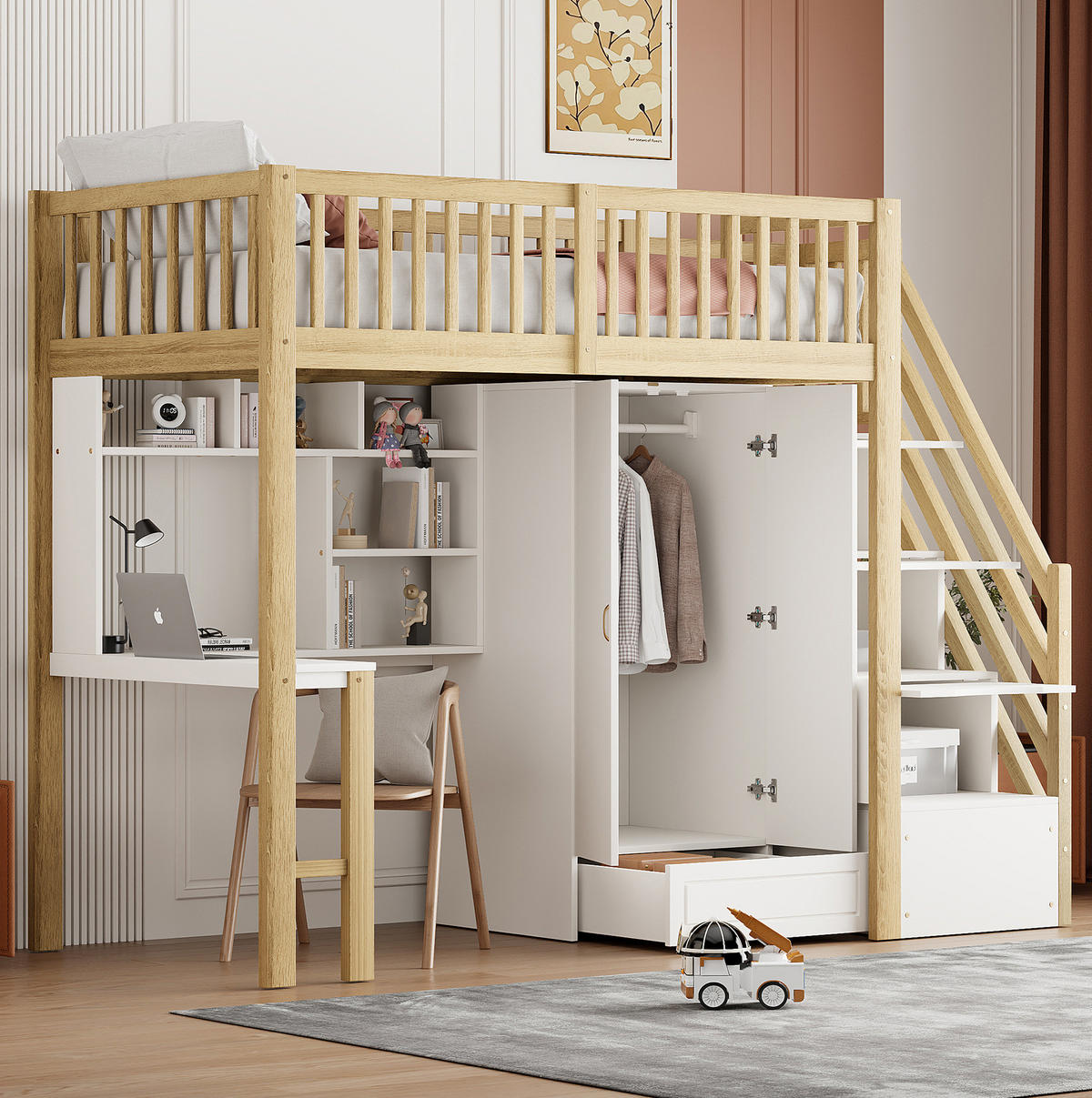 HOCHBETT 90/200 cm aus Massivholz mit Kleiderschrank, Schreibtisch und Treppe mit Schubladen Weiß/Natur - Naturfarben, Holz (90/200cm) - Modenvie