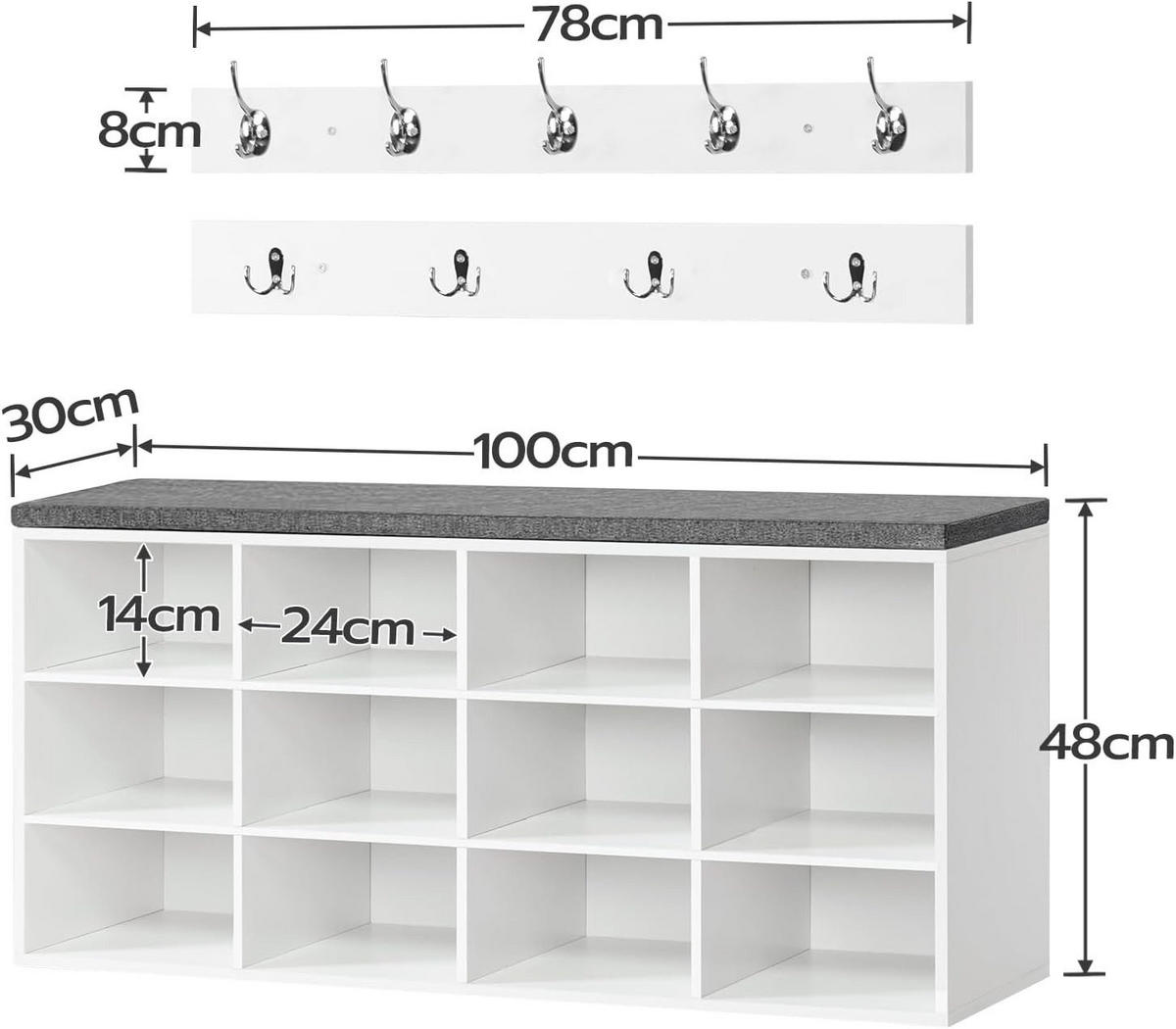 GARDEROBE Weiß Wandgarderobe Set mit 9 Haken - Weiß, Holzwerkstoff (100/48/30cm) - Hoobro