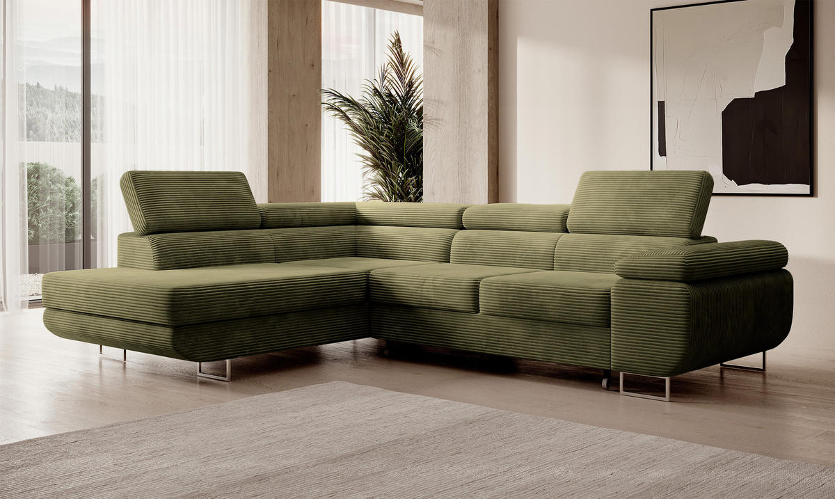 ECKSOFA Stevil Olivgrün Cordbezug - Silberfarben/Olivgrün, Textil/Metall (275/203cm) - Selsey