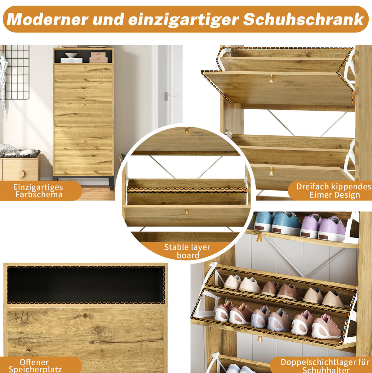 SCHUHSCHRANK 63/24/147 cm mit 3 Klappen in Naturfarbe, schmales Design - Naturfarben, Holzwerkstoff (63/147/24cm) - BEAOK