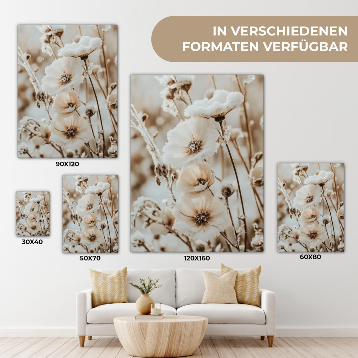 LEINWANDBILD Blumen - Winter - Weiß - Schnee - Beige 60x80 cm - Creme, Textil (60/80cm) - MuchoWow