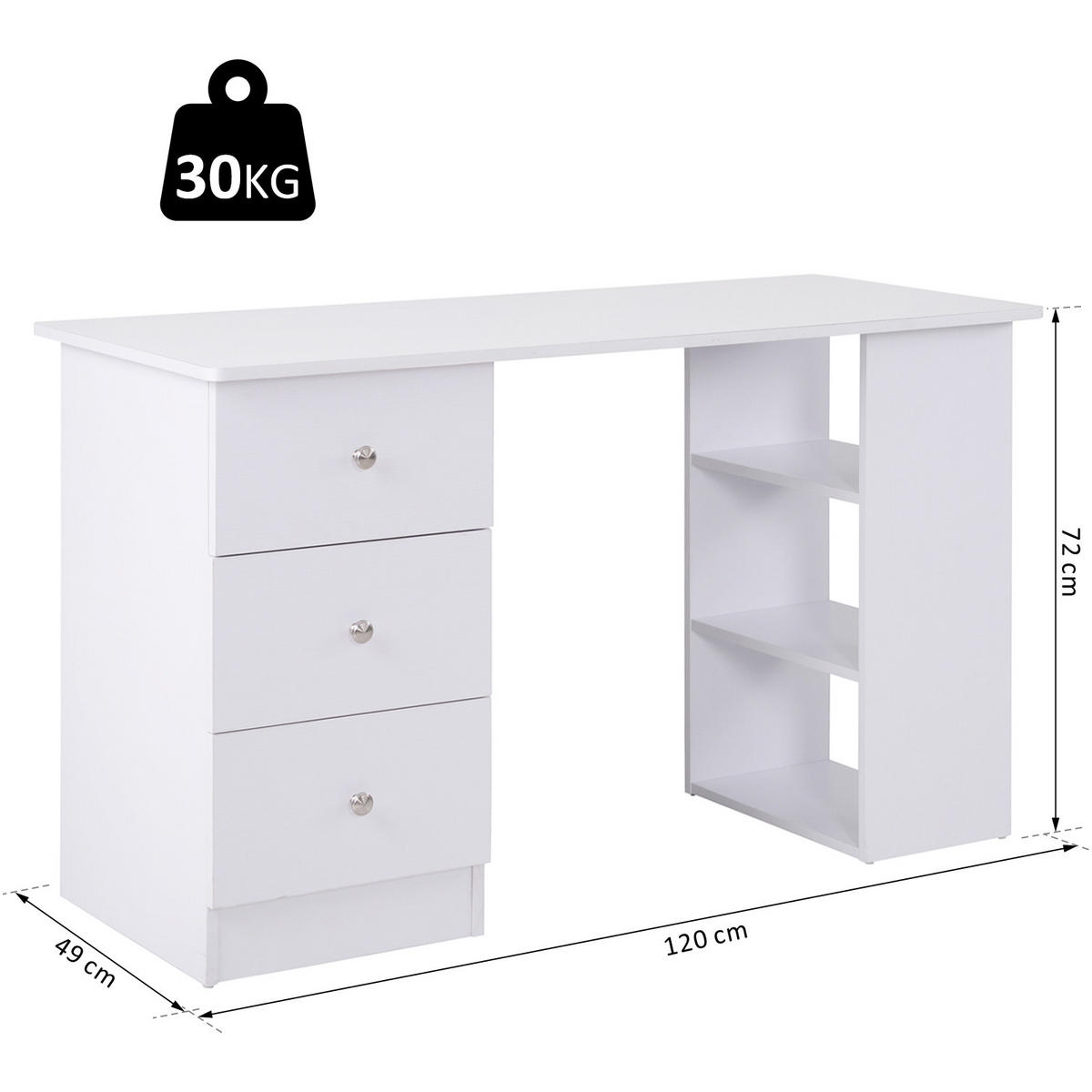 SCHREIBTISCH Weiß mit 3 Schubladen und 2 Regalfächern 120/49/72 cm - Weiß, Holz (49/120/72cm) - PANGIVO