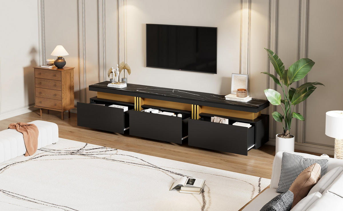 TV-SCHRANK in schwarzer Marmor-Optik mit 3 Schubladen 200/40/42 cm - Schwarz, Holzwerkstoff (200/42/40cm) - Redom