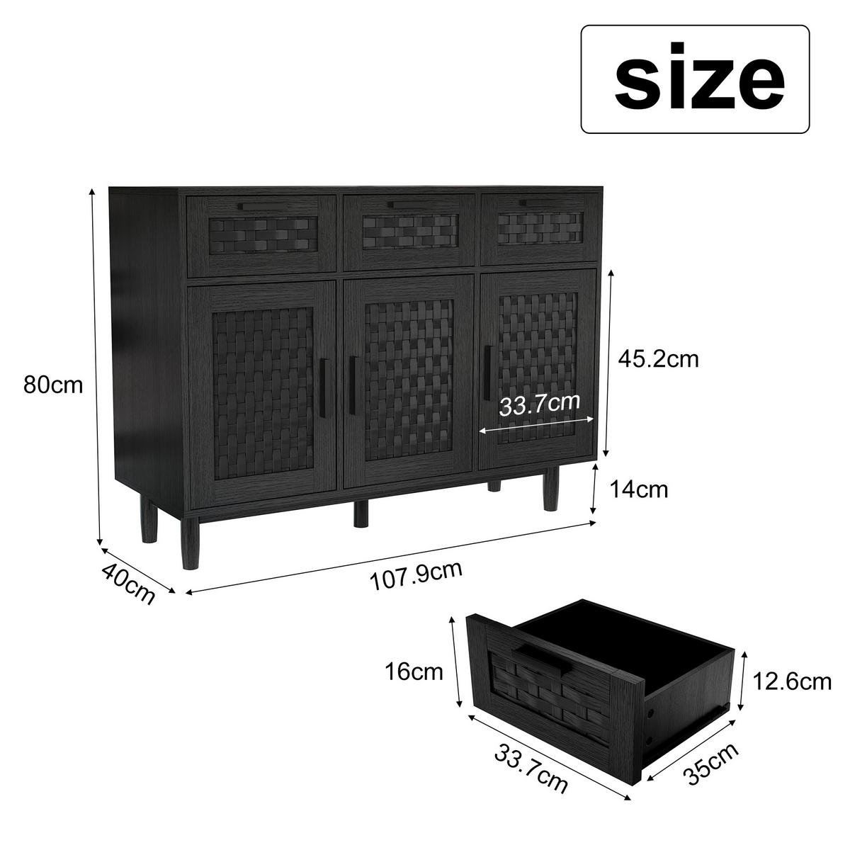 SIDEBOARD im Rattan-Look für das Esszimmer, Aufbewahrungsschrank aus Naturholz, Wohnzimmerschrank mit 3 Schubladen und 3 Türen, schwarz - Schwarz, Holz (40/80/107.9cm) - WoodenAura