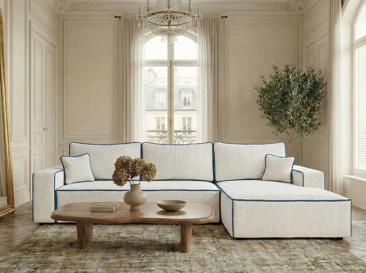 ECKSOFA MIT SCHLAFFUNKTION Modo Braun Chenille-Stoff - Rechts Seite - Ecru/Schwarz, Holz/Holzwerkstoff (294/185cm) - Maison de Reve