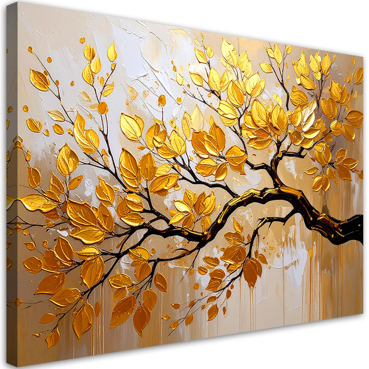 LEINWANDBILD Goldene Blätter auf einem Ast 90x60cm - Goldfarben, Textil (90/60cm) - Feeby