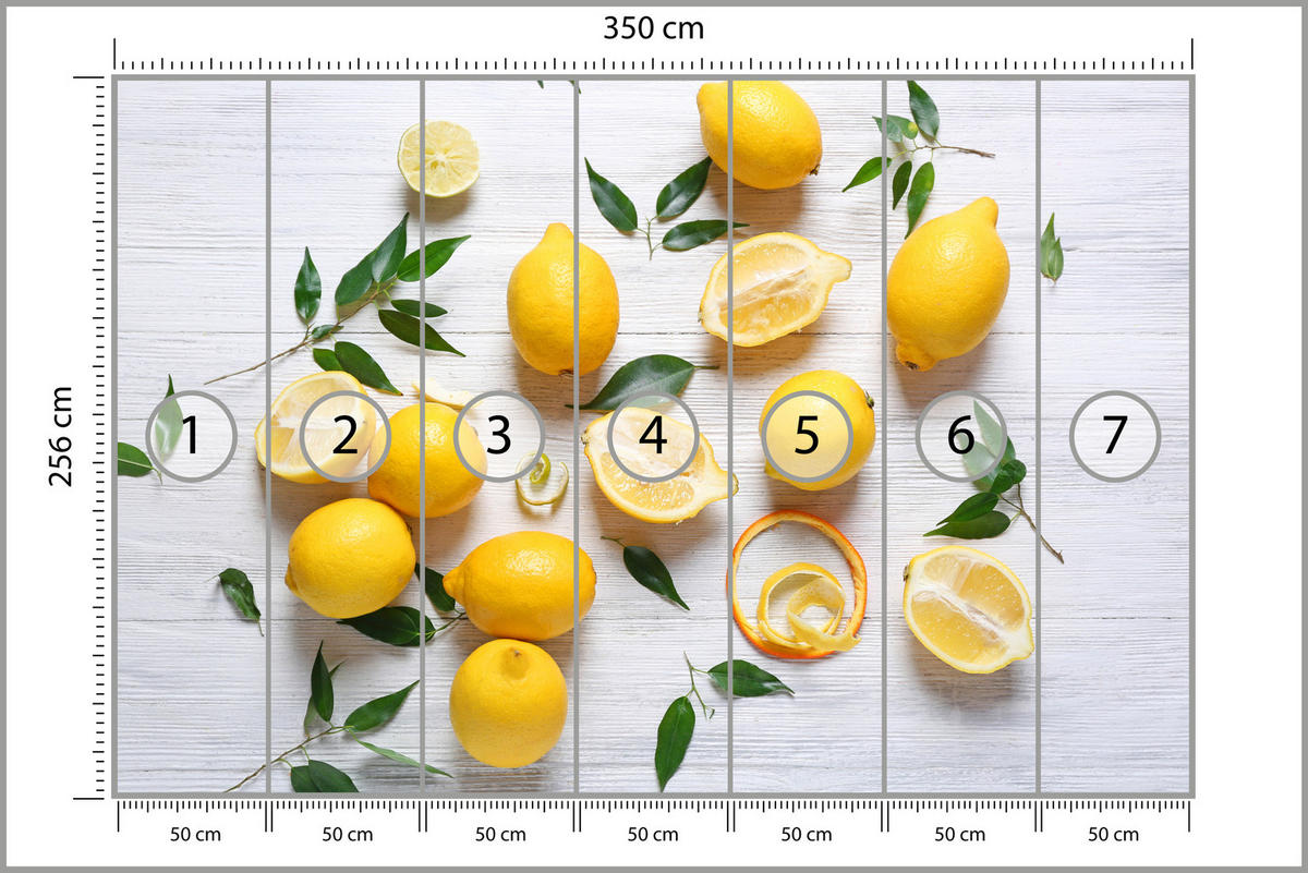 FOTOTAPETE für Küche Zitronen Holztisch Blätter Frisch Rustikal 350x256 - Gelb/Weiß, Papier (350/256cm) - Muralo