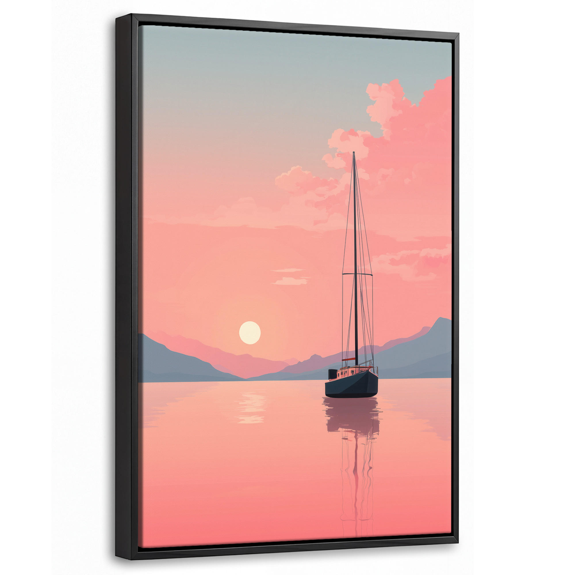 LEINWAND Bilder mit Rahmen - Segelboot - Rosa Meer - Sonnenuntergang - Berge - 20x30 - Rosa, Textil (20/30cm) - MuchoWow