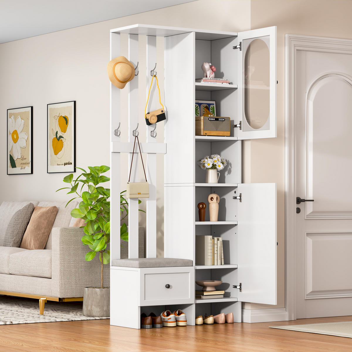 KOMPAKTGARDEROBE Schuhbank Glas Schrank 2 Türen Weiß - Weiß, Holzwerkstoff (85/200/33.5cm) - FLIEKS