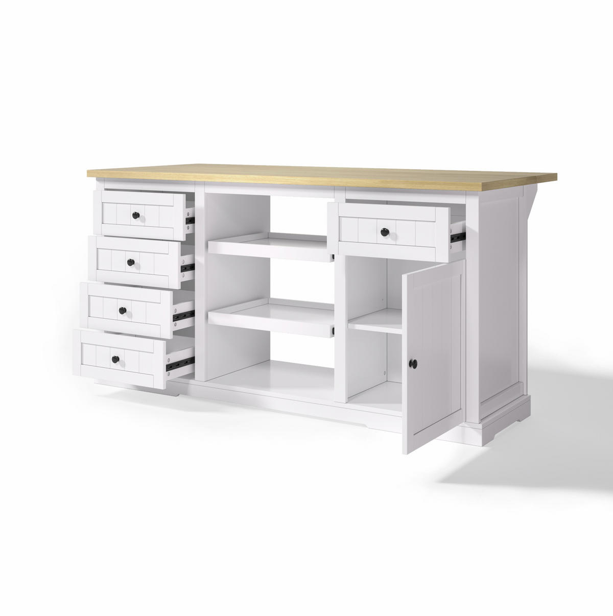 BUFFET aus MDF 150x65x75,5 cm Weiß/Natur mit Klappplatte, Steckdosen, 2 USB-Anschlüssen und 5 Schubladen - Naturfarben, Holzwerkstoff (150/75.5/65cm) - Modfu