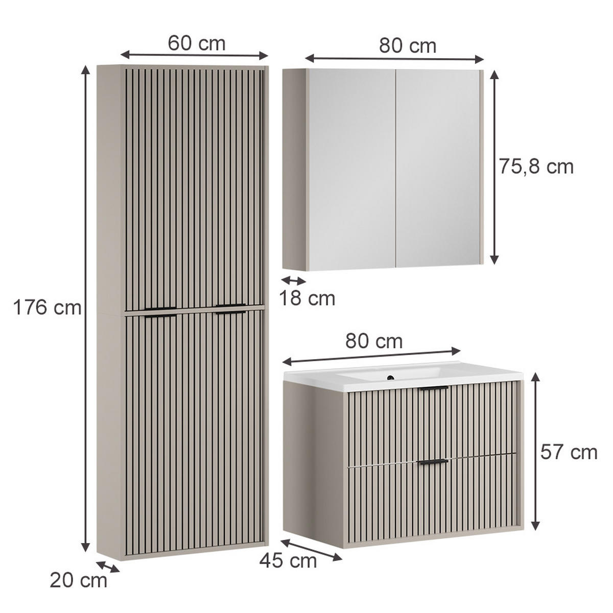 BADMÖBEL-SET Ruford Cashmere 4 Teile - Kaschmir, Holzwerkstoff (80/57/45cm) - Vicco
