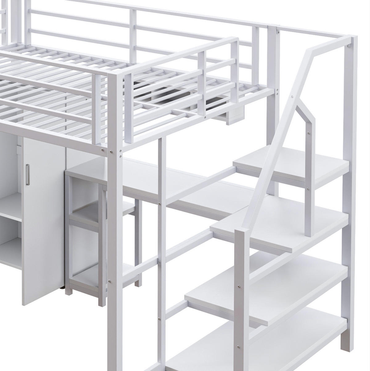 VYSOKÁ postel 255/145/160 cm bílá se skříní a psacím stolem z kovu a MDF - bílá, kov (140/200cm) - OKWISH