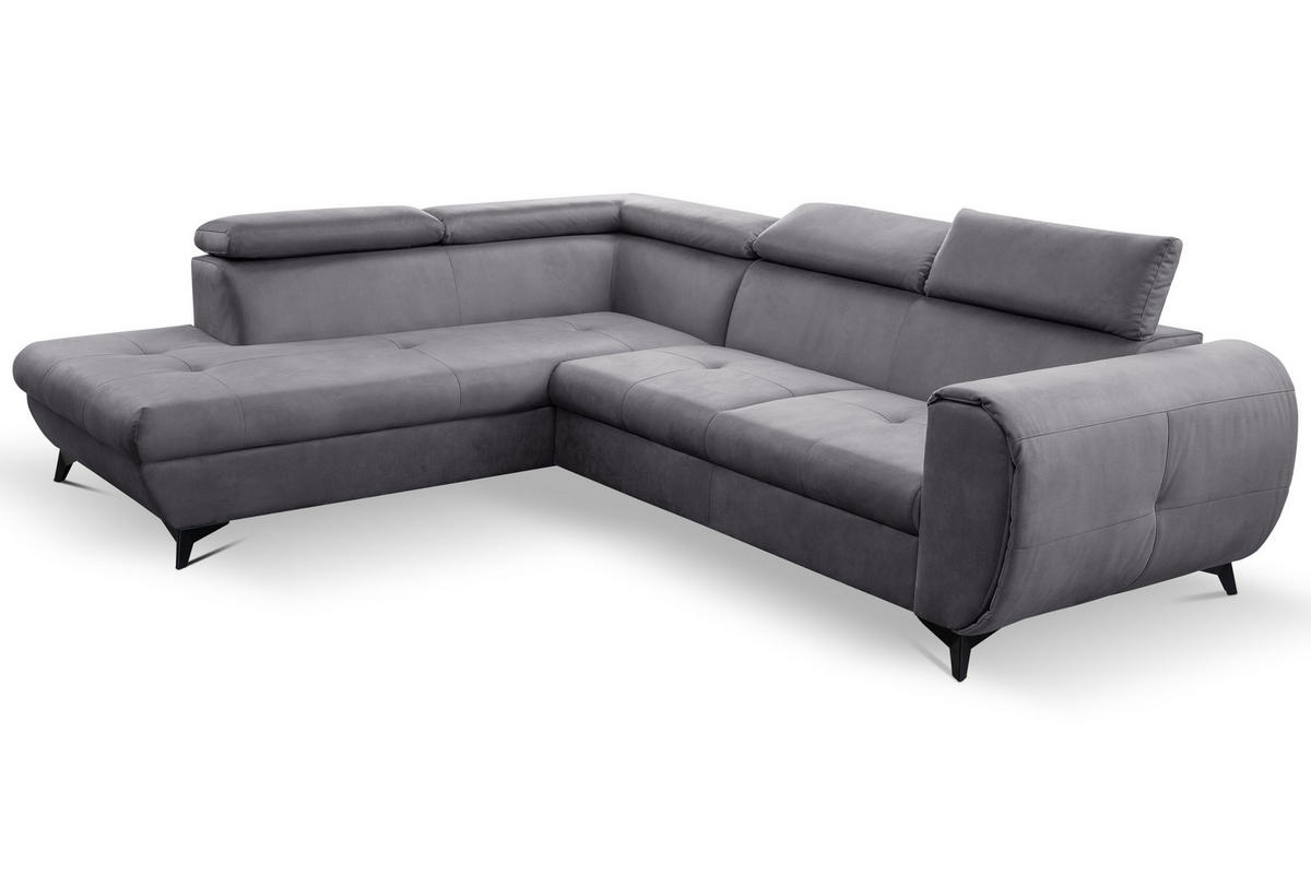 ECKSOFA MAGIA L-S Grau Plüsch-Stoff mit Schlaffunktion - Grau, Holz (260/217cm) - MASSENO