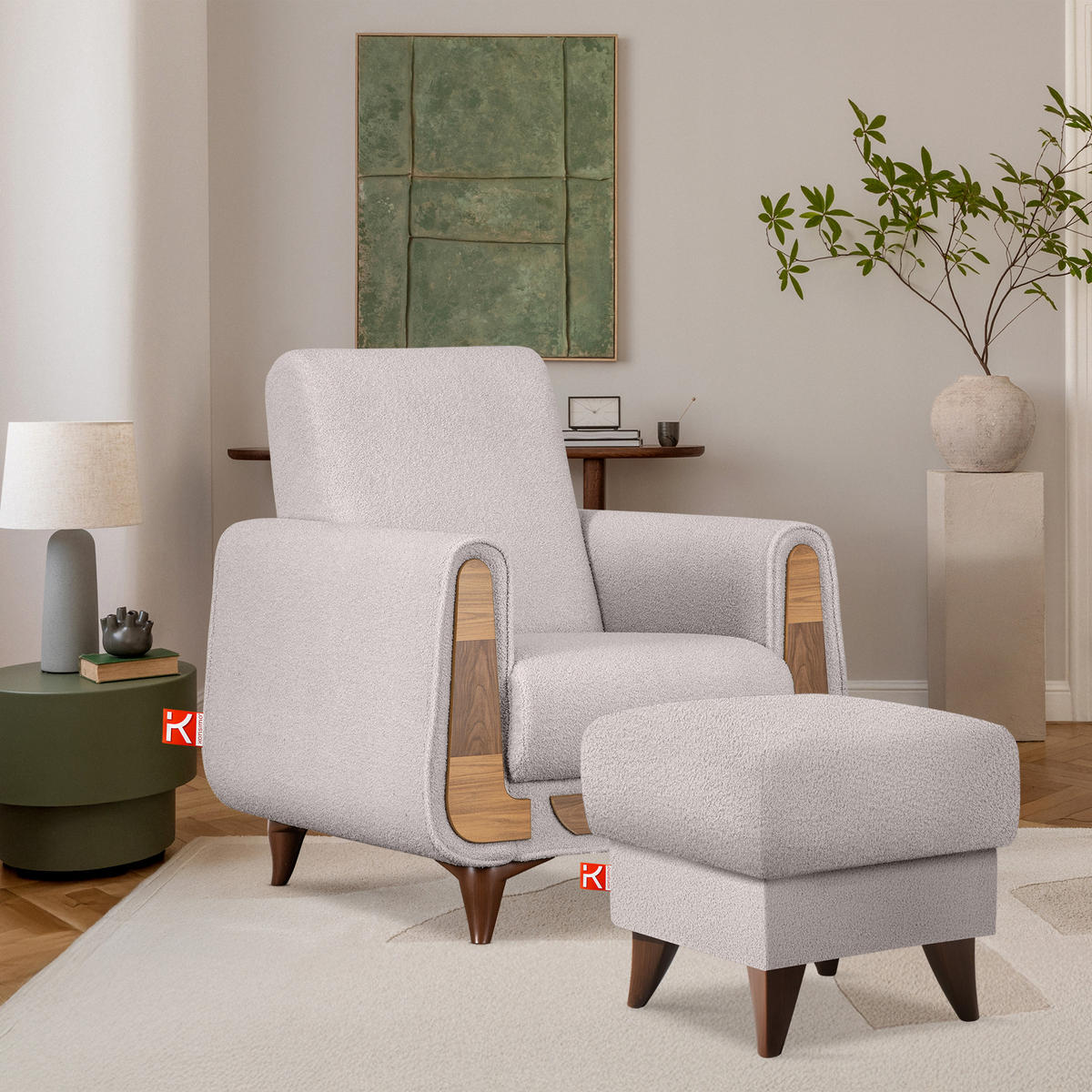 HOCKER GUSTAVO Fußstütze, Bouclé, Grau - Grau, Holz/Holzwerkstoff (53/49/53cm) - KONSIMO®