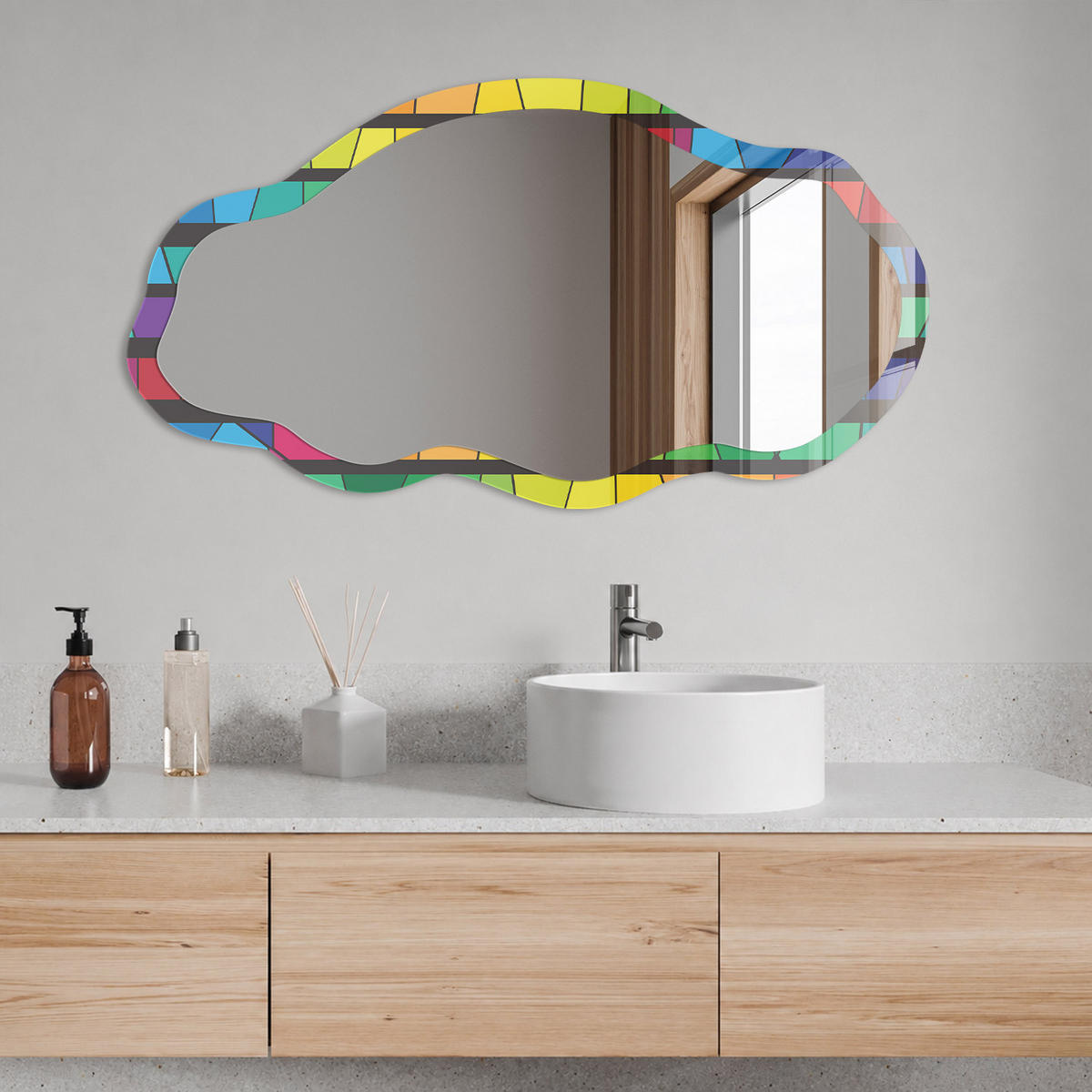 SPIEGEL 90x45 cm asymmetrisch mit Druck - Farbenfrohes Mosaik - Transparent, Glas (45/90/0.4cm) - TULUP