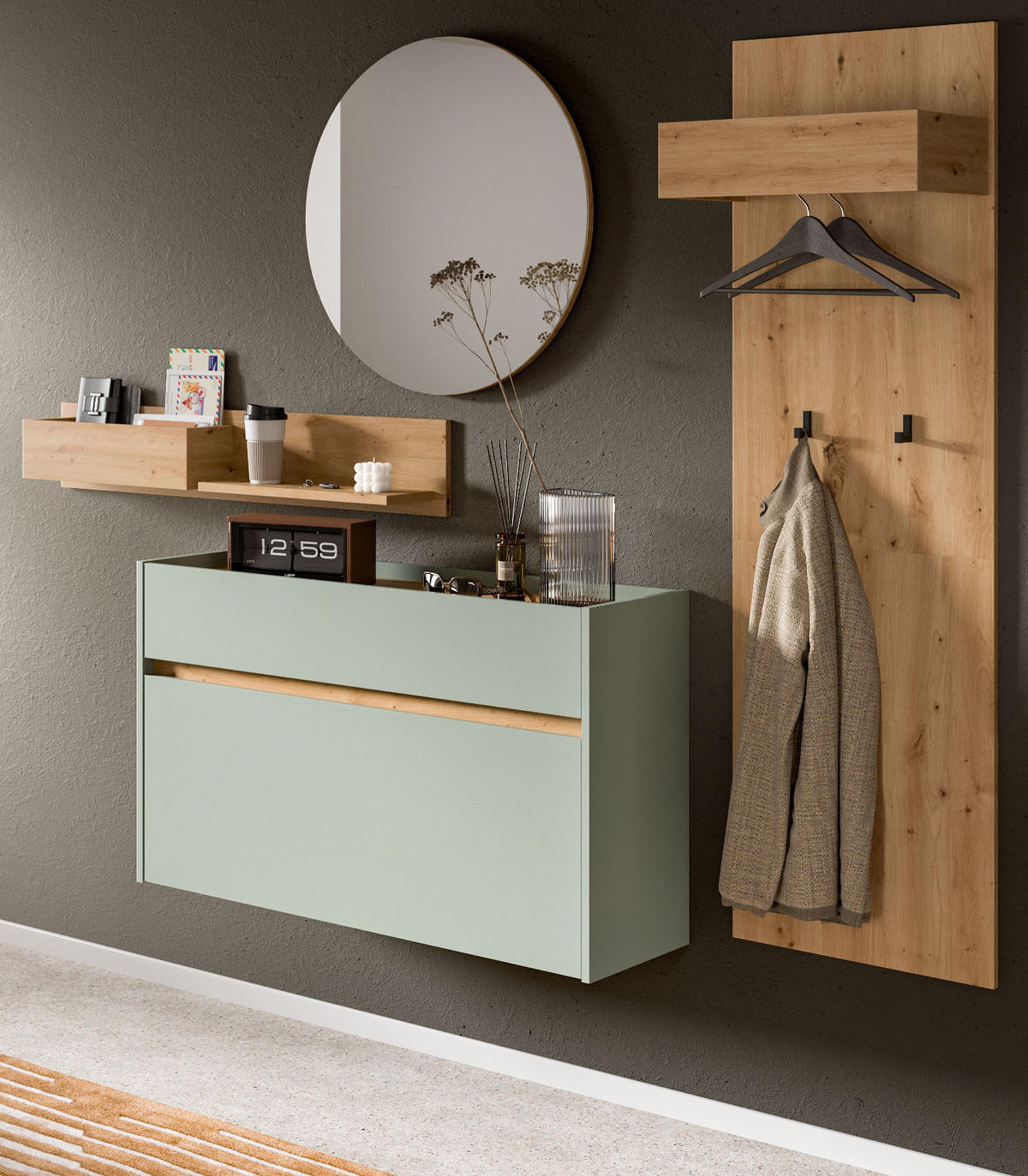 GARDEROBEN-SET Salbei grün, Eiche Artisan 205 cm 4-teilig, Garderobenschränke hängend - Salbeigrün/Eiche Artisan, Glas/Holzwerkstoff (205/197/32cm) - Inn.Furn