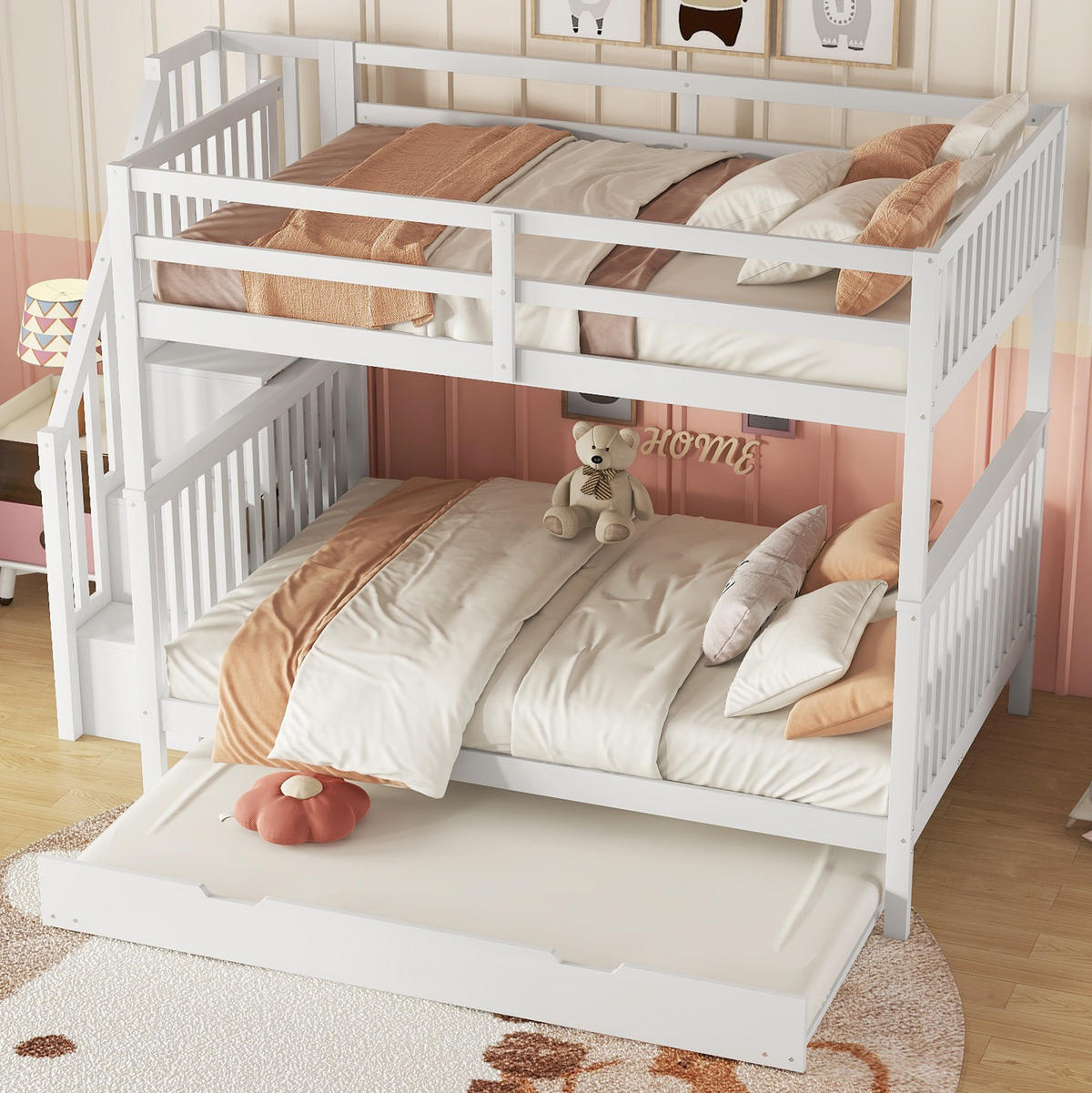 ETAGENBETT aus Kiefer und MDF 140x200 cm Weiß mit Treppenregal, ausziehbarem Rollbett und hohem Geländer - Weiß, Holzwerkstoff (140/200cm) - Modfu