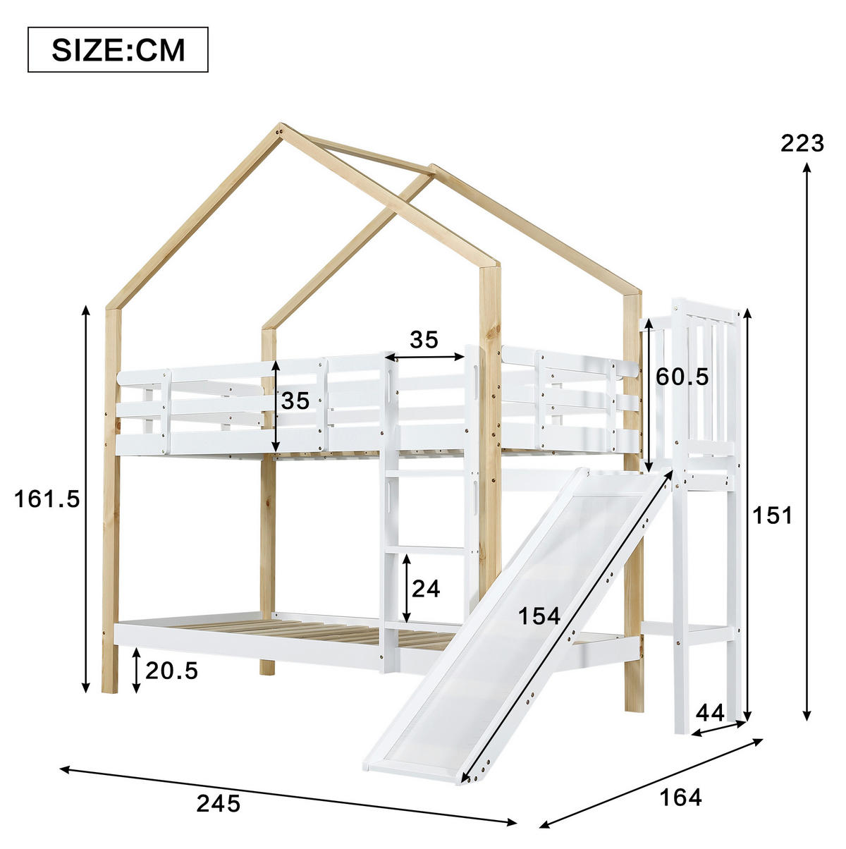 ETAGENBETT aus Kiefer und MDF 90x200 cm Weiß/Natur mit Rutsche, Leiter, 2 Schubladen und Hausdesign - Weiß, Holzwerkstoff (90/200cm) - Modfu