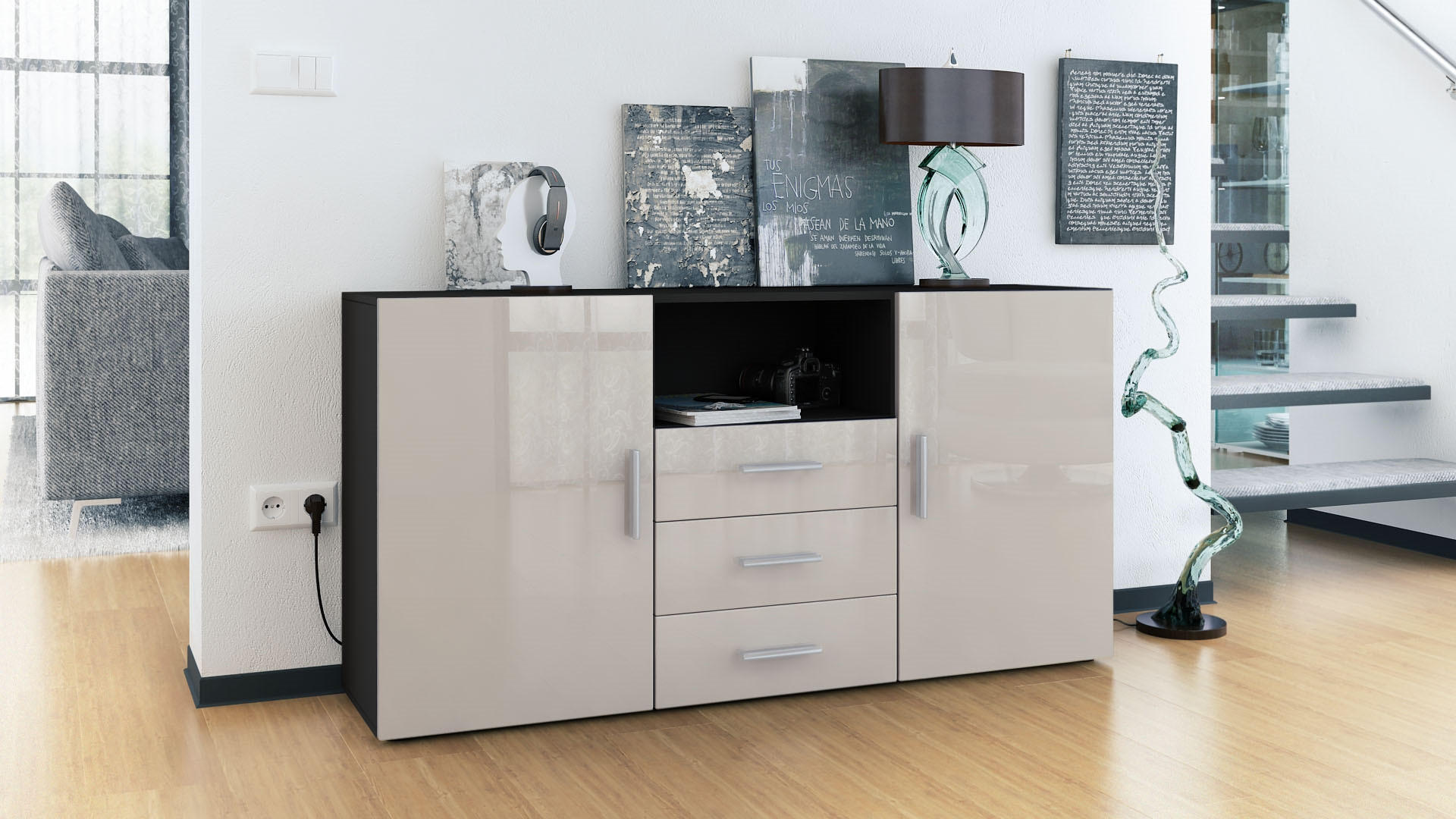 SIDEBOARD Skadu Front in Sandgrau Hochglanz - Sandfarben, Holzwerkstoff (138.5/71.5/35cm) - Vladon