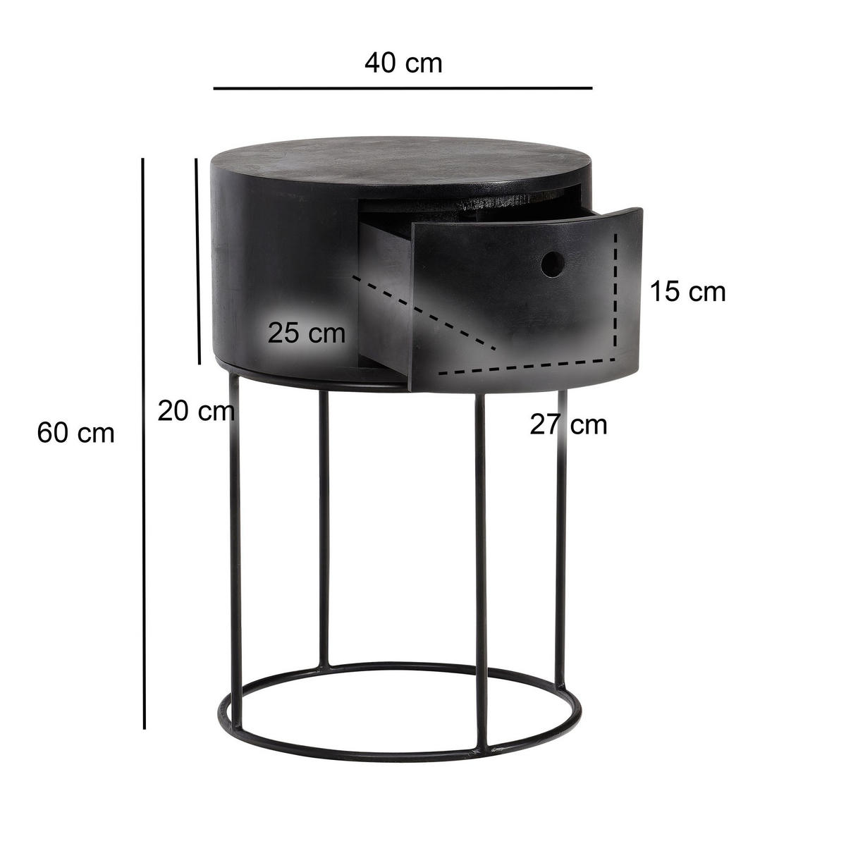 NACHTKONSOLE Massivholz mit Schublade rund Modern Schwarz - Schwarz, Holz/Metall (40/60/40cm) - KADIMA DESIGN