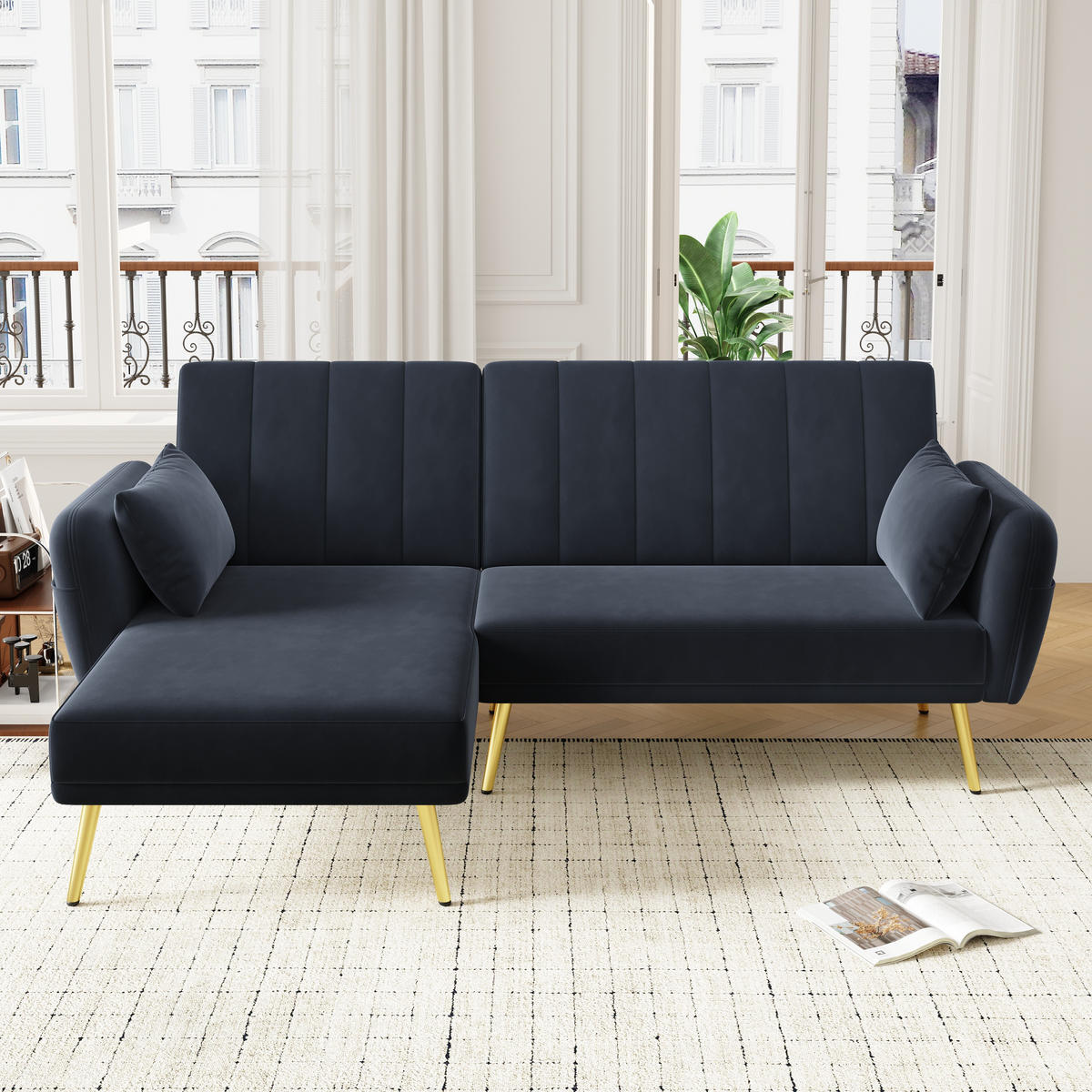 ECKSOFA L-Form Klappbett mit Zusatzecke Schlaffunktion Modern Schwarz - Schwarz, Holz (110.49/70.99cm) - FLIEKS