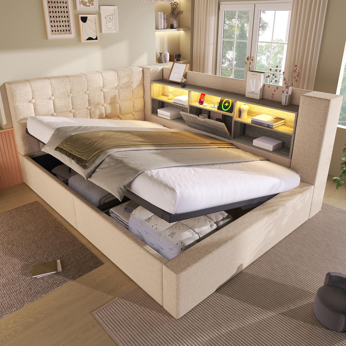 POLSTERBETT 140/190 cm mit LED-Beleuchtung, USB-Anschlüssen, hydraulischem Stauraum und L-Kopfteil, Beige - Beige, Textil (140/190cm) - Redom