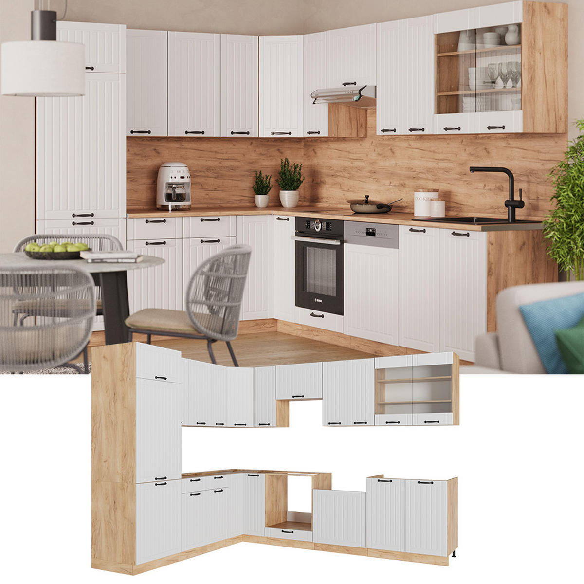 ROHOVÁ KUCHYŇ Fame-Line Bílý venkovský dům - bílá/medově dubová, kompozitní dřevo (227/81.6/60cm) - Vicco