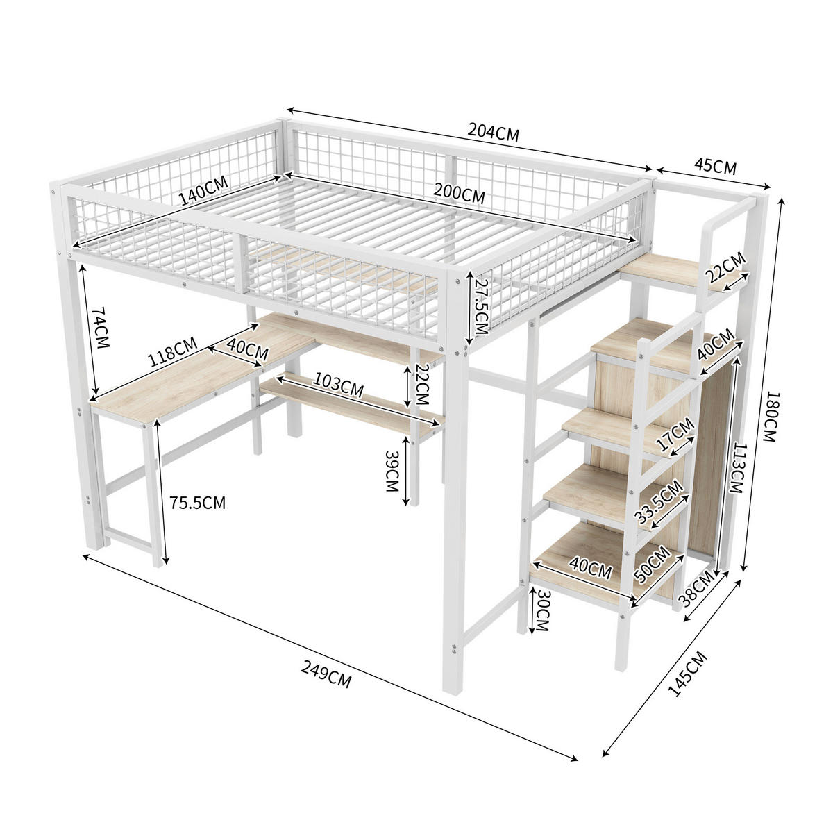 HOCHBETT mit Schreibtisch 140/200 cm in Weiß – mit Regalen und Kleiderschrank - Weiß, Metall (140/200cm) - BEAOK