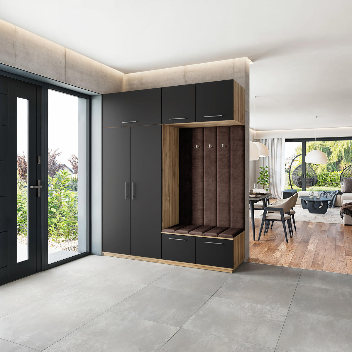 GARDEROBENSCHRANK REMA 200/240/60 cm Modern Garderobe-Set Eiche Wotan - Eiche Wotan/Schwarz, Holzwerkstoff (200/240/60cm) - MASSENO