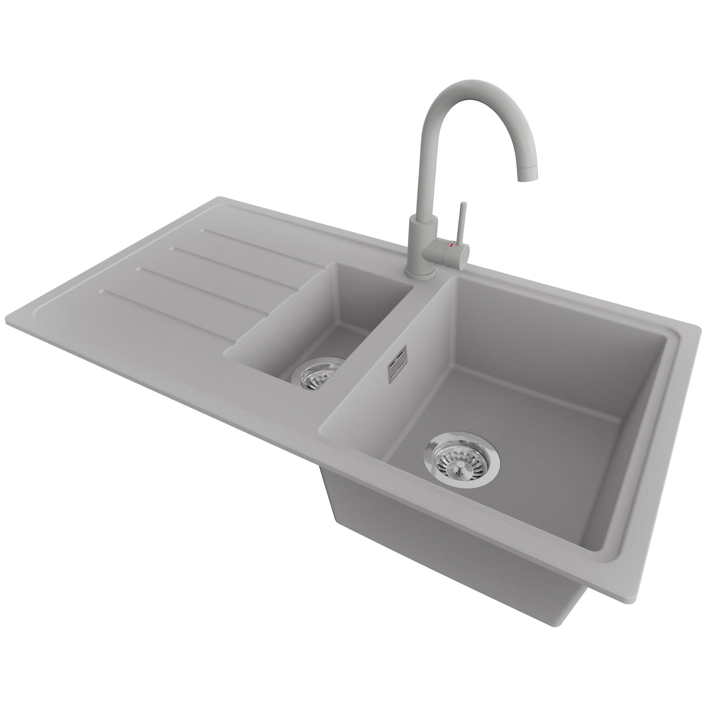 GRANITSPÜLE Kopenhagen Duo, 2-er set Grau 90/50 cm 1,5 Becken + Küchenarmatur 32/20 cm + Ablauf-Set ab 60er Unterschrank - Chromfarben/Grau, Kunststoff (90/19/50cm) - Primagran