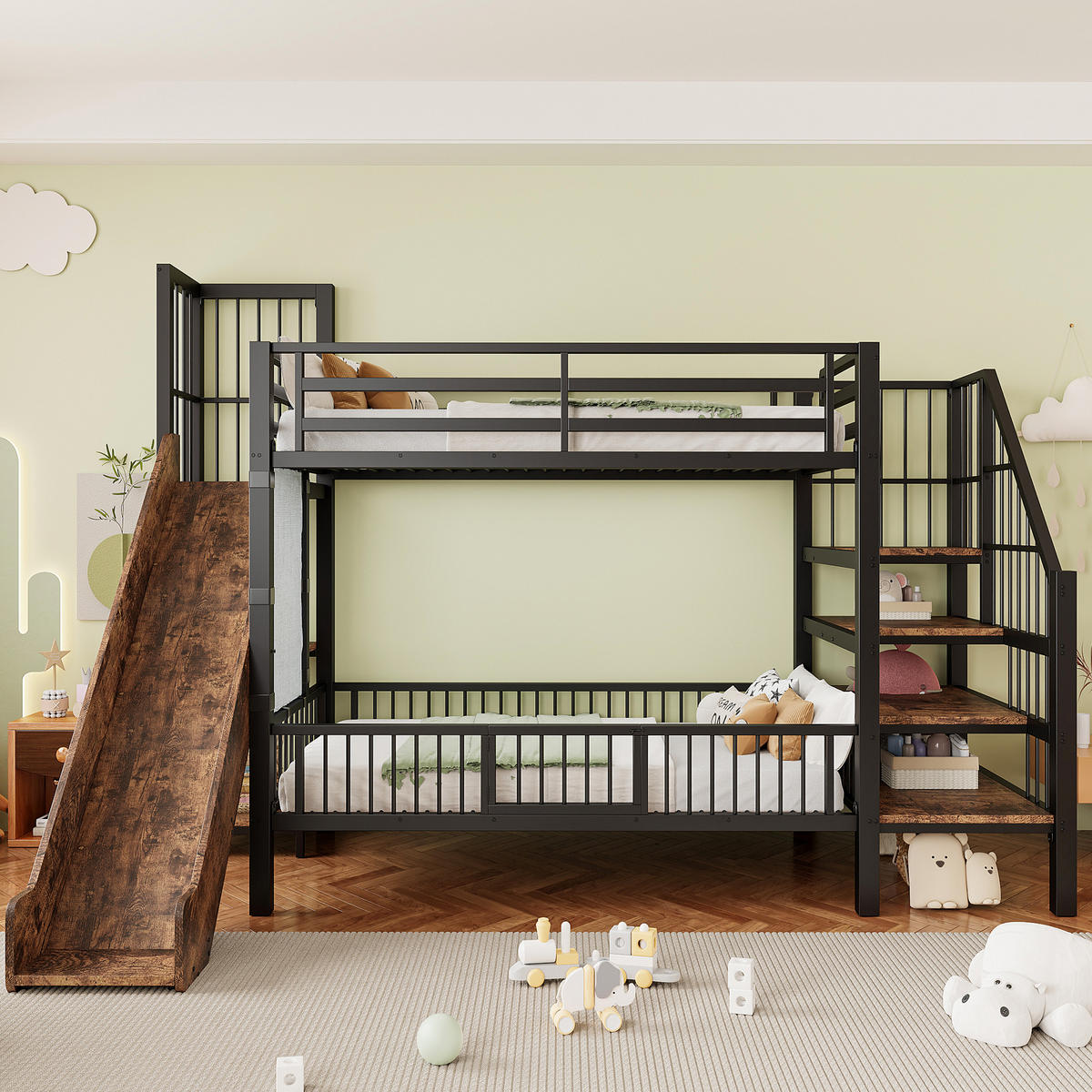 METALL- ETAGENBETT Kinder Schwarz 90/200 cm mit Rutsche und Stauraumtreppe - Schwarz, Metall (90/200cm) - ComfortXL