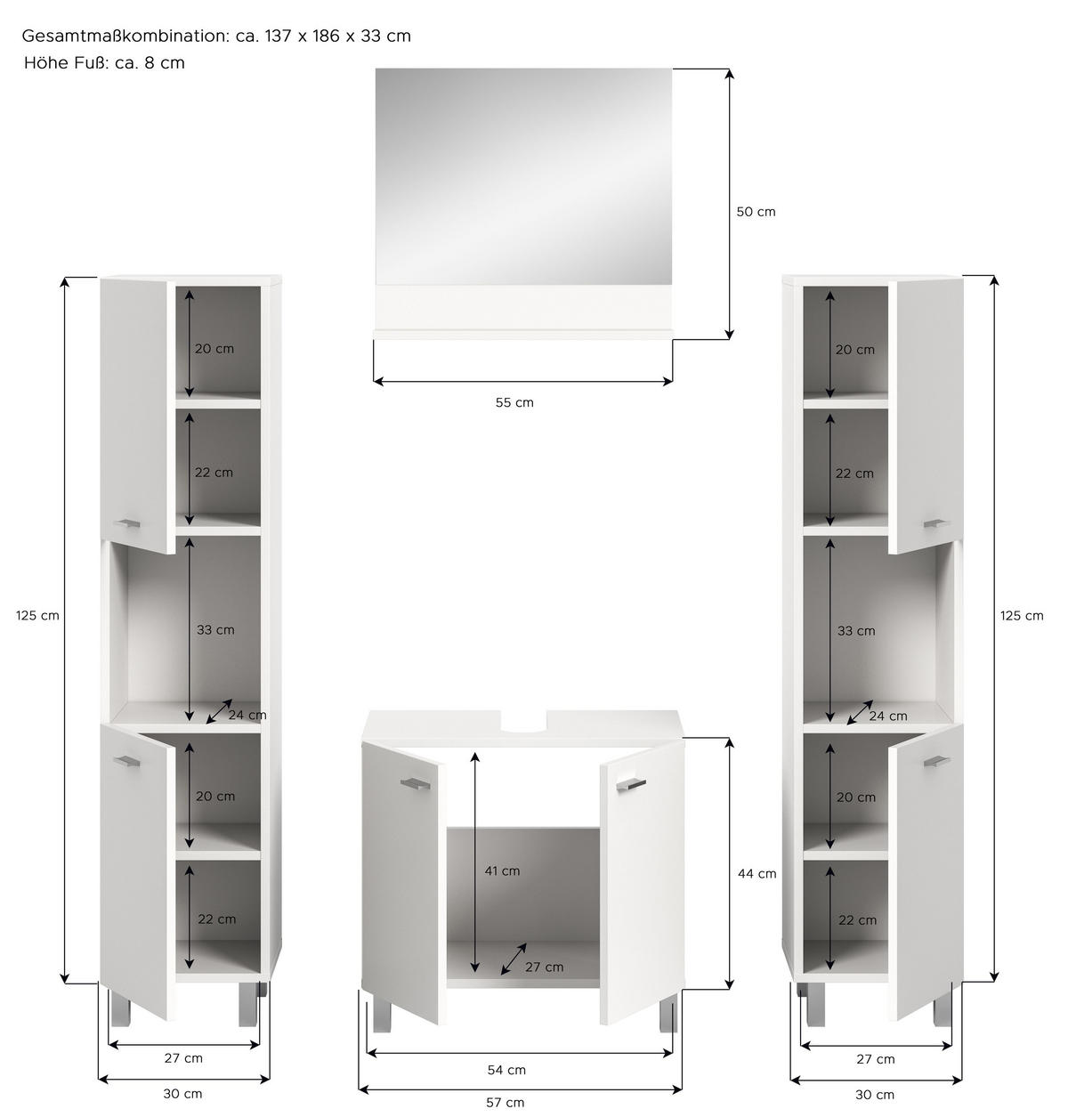 BADKOMBINATION 4tlg. Boston/Tampa Bad in weiß Nachbildung - modernes Design - B/H/T: 137x186x33 cm - Weiß, Holzwerkstoff (137/186/33cm)