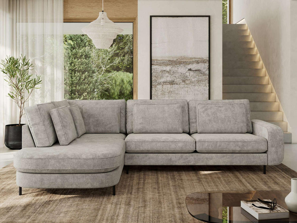 ROHOVÁ SEDAČKA CALENO L - Světle šedá hladký senil - Pravá Strana - černá/světle šedá, kov/textil (317/225cm) - MKS
