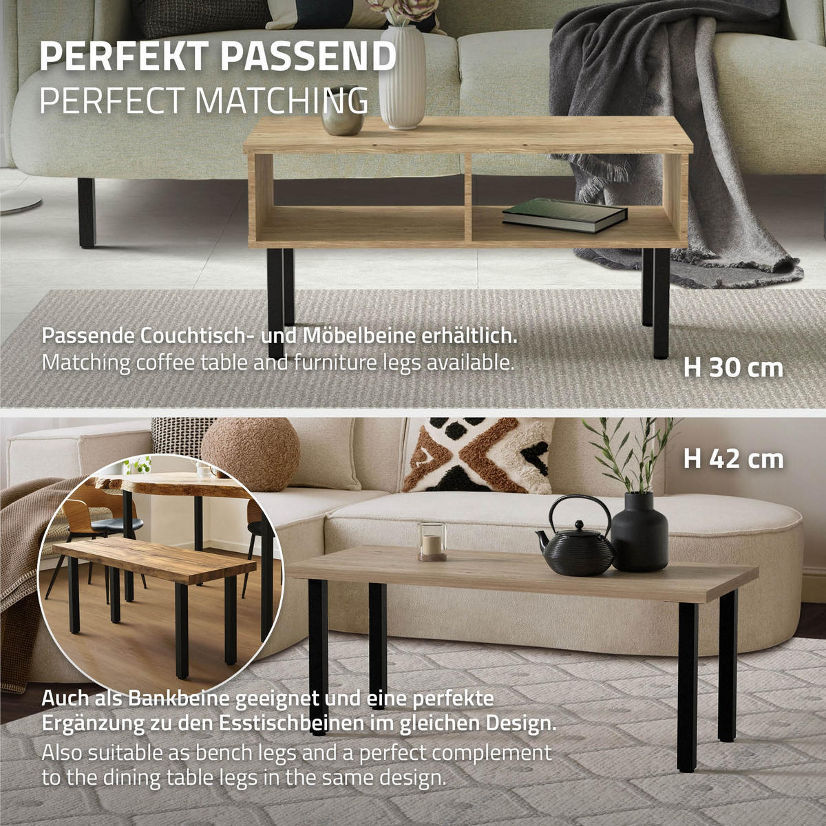 TISCHBEINE 4er Set I-Design H:72 cm Schwarz 4x4 cm - Schwarz, Metall (4/72/4cm) - ML-DESIGN