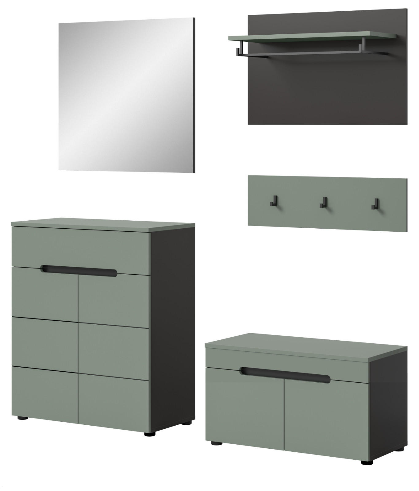 GARDEROBE SET 5-teilig in Salbei Grün und Basalt Grau 175 cm, Soft-Close Cooper - Salbeigrün/Schwarz, Glas/Holzwerkstoff (175/190/37cm) - Inn.Furn