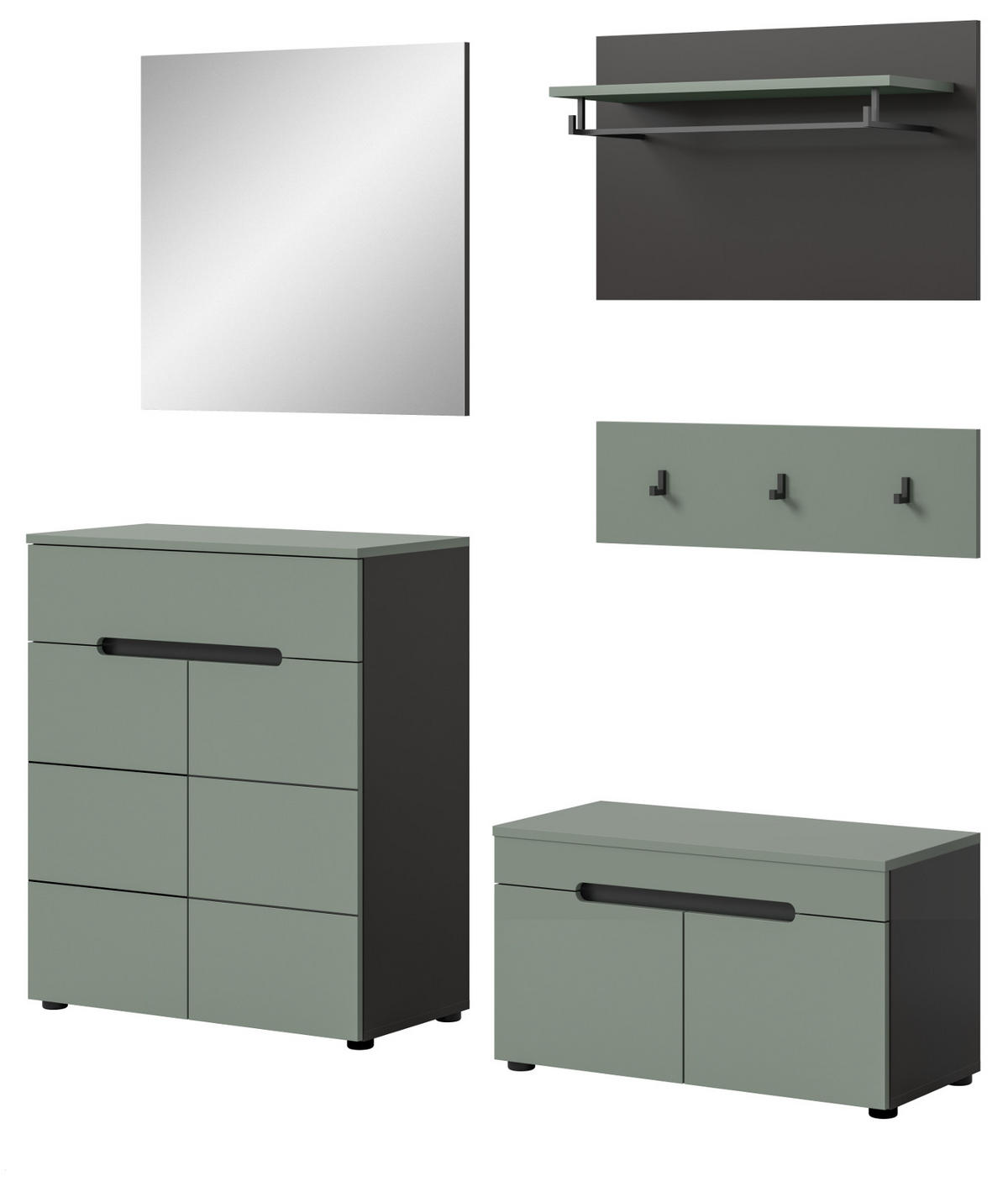 GARDEROBE SET 5-teilig in Salbei Grün und Basalt Grau 175 cm, Soft-Close Cooper - Salbeigrün/Schwarz, Glas/Holzwerkstoff (175/190/37cm) - Inn.Furn