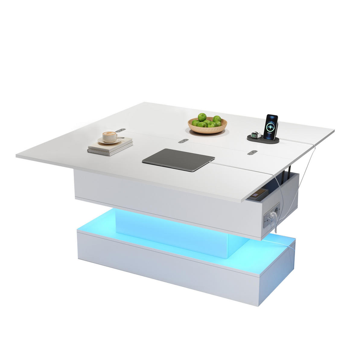 COUCHTISCH 100/50/51,5 cm mit Hubplatte, LED-Beleuchtung, Steckdose und verstecktem Stauraum, Weiß - Weiß, Holzwerkstoff (100/50/51.5cm) - Redom